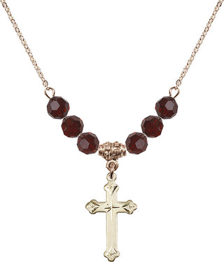 18" Hamilton Gold Plated Necklace with 4mm Garnet Crystal Beads featuring a 14kt Gold Filled Cross Medal.