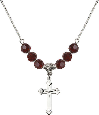 18" Rhodium Plated Necklace with 4mm Garnet Crystal Beads featuring a Sterling Silver Cross Medal.