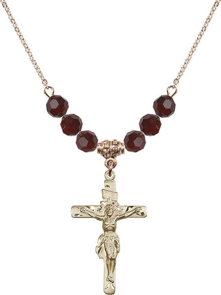 18" Hamilton Gold Plated Necklace with 4mm Garnet Crystal Beads featuring a 14kt Gold Filled Crucifix Medal.