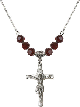 18" Rhodium Plated Necklace with 4mm Garnet Crystal Beads featuring a Sterling Silver Crucifix Medal.
