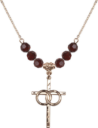 18" Hamilton Gold Plated Necklace with 4mm Garnet Crystal Beads featuring a 14kt Gold Filled Wedding Rings Cross Medal.