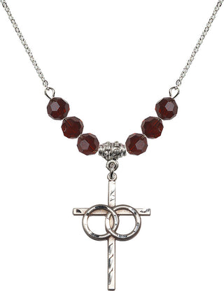 18" Rhodium Plated Necklace with 4mm Garnet Crystal Beads featuring a Sterling Silver Wedding Rings Cross Medal.