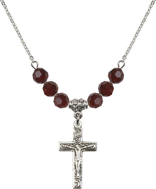 18" Rhodium Plated Necklace with 4mm Garnet Crystal Beads featuring a Sterling Silver Crucifix Medal.
