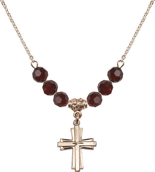 18" Hamilton Gold Plated Necklace with 4mm Garnet Crystal Beads featuring a 14kt Gold Filled Cross Medal.