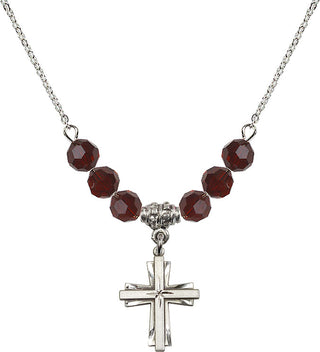 18" Rhodium Plated Necklace with 4mm Garnet Crystal Beads featuring a Sterling Silver Cross Medal.