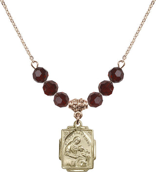 18" Hamilton Gold Plated Necklace with 4mm Garnet Crystal Beads featuring a 14kt Gold Filled Saint Ann Medal. Engraved Catholic Saint Jewelry