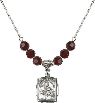 18" Rhodium Plated Necklace with 4mm Garnet Crystal Beads featuring a Sterling Silver Saint Ann Medal. Engraved Catholic Saint Jewelry