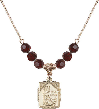 18" Hamilton Gold Plated Necklace with 4mm Garnet Crystal Beads featuring a 14kt Gold Filled Saint Cecilia Medal. Engraved Catholic Saint Jewelry