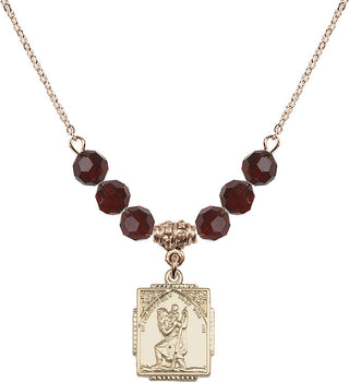 18" Hamilton Gold Plated Necklace with 4mm Garnet Crystal Beads featuring a 14kt Gold Filled Saint Christopher Medal. Engraved Catholic Saint Jewelry
