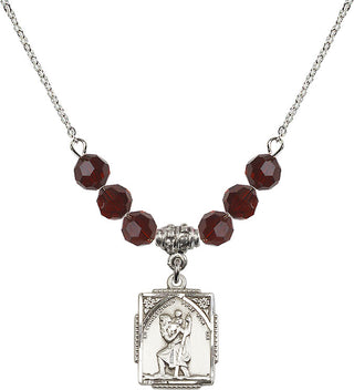 18" Rhodium Plated Necklace with 4mm Garnet Crystal Beads featuring a Sterling Silver Saint Christopher Medal. Engraved Catholic Saint Jewelry