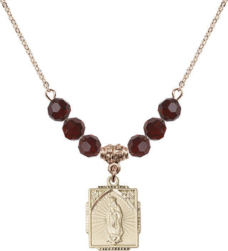 18" Hamilton Gold Plated Necklace with 4mm Garnet Crystal Beads featuring a 14kt Gold Filled Our Lady of Guadalupe Medal. Engraved Catholic Saint Jewelry