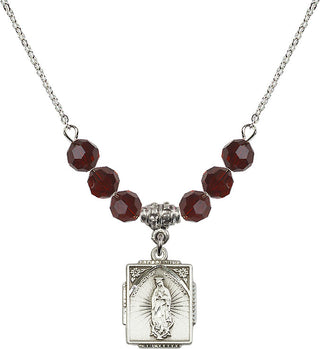 18" Rhodium Plated Necklace with 4mm Garnet Crystal Beads featuring a Sterling Silver Our Lady of Guadalupe Medal. Engraved Catholic Saint Jewelry