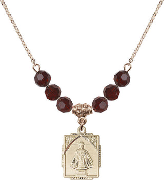 18" Hamilton Gold Plated Necklace with 4mm Garnet Crystal Beads featuring a 14kt Gold Filled Infant of Prague Medal. Engraved Catholic Saint Jewelry