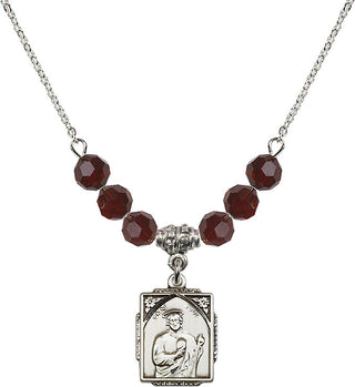 18" Rhodium Plated Necklace with 4mm Garnet Crystal Beads featuring a Sterling Silver Saint Jude Medal. Engraved Catholic Saint Jewelry