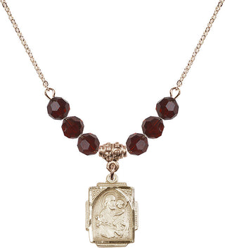 18" Hamilton Gold Plated Necklace with 4mm Garnet Crystal Beads featuring a 14kt Gold Filled Saint Joseph Medal. Engraved Catholic Saint Jewelry