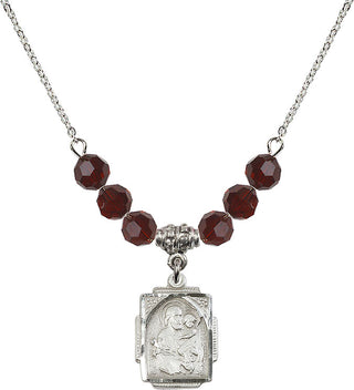 18" Rhodium Plated Necklace with 4mm Garnet Crystal Beads featuring a Sterling Silver Saint Joseph Medal. Engraved Catholic Saint Jewelry