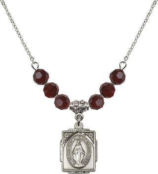 18" Rhodium Plated Necklace with 4mm Garnet Crystal Beads featuring a Sterling Silver Miraculous Medal. Engraved Catholic Saint Jewelry