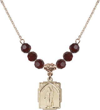 18" Hamilton Gold Plated Necklace with 4mm Garnet Crystal Beads featuring a 14kt Gold Filled Saint Patrick Medal. Engraved Catholic Saint Jewelry