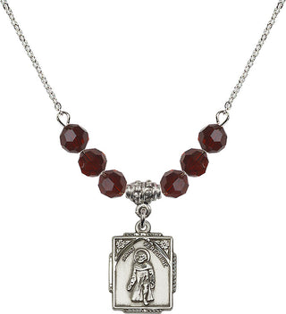 18" Rhodium Plated Necklace with 4mm Garnet Crystal Beads featuring a Sterling Silver Saint Peregrine Medal. Engraved Catholic Saint Jewelry