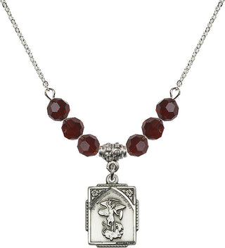 18" Rhodium Plated Necklace with 4mm Garnet Crystal Beads featuring a Sterling Silver Saint Michael the Archangel Medal. Engraved Catholic Saint Jewelry