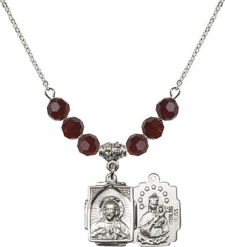 18" Rhodium Plated Necklace with 4mm Garnet Crystal Beads featuring a Sterling Silver Scapular Medal.