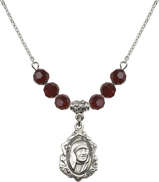 18" Rhodium Plated Necklace with 4mm Garnet Crystal Beads featuring a Sterling Silver Saint Teresa of Calcutta Medal.