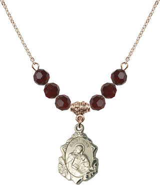 18" Hamilton Gold Plated Necklace with 4mm Garnet Crystal Beads featuring a 14kt Gold Filled Saint Ann Medal. Engraved Catholic Saint Jewelry