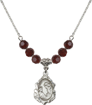 18" Rhodium Plated Necklace with 4mm Garnet Crystal Beads featuring a Sterling Silver Saint Cecilia Medal. Engraved Catholic Saint Jewelry