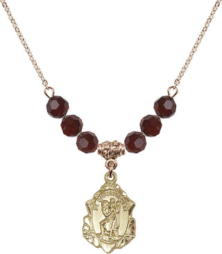 18" Hamilton Gold Plated Necklace with 4mm Garnet Crystal Beads featuring a 14kt Gold Filled Saint Christopher Medal. Engraved Catholic Saint Jewelry