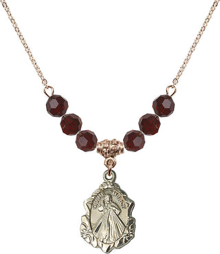 18" Hamilton Gold Plated Necklace with 4mm Garnet Crystal Beads featuring a 14kt Gold Filled Divine Mercy Medal. Engraved Catholic Saint Jewelry