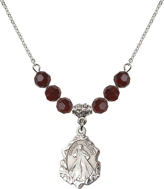 18" Rhodium Plated Necklace with 4mm Garnet Crystal Beads featuring a Sterling Silver Divine Mercy Medal. Engraved Catholic Saint Jewelry