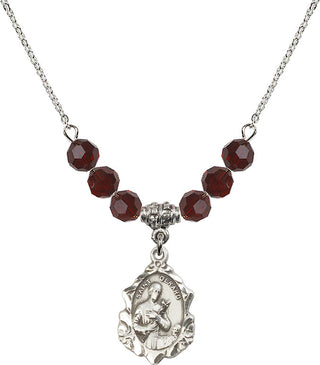 18" Rhodium Plated Necklace with 4mm Garnet Crystal Beads featuring a Sterling Silver Saint Gerard Medal. Engraved Catholic Saint Jewelry