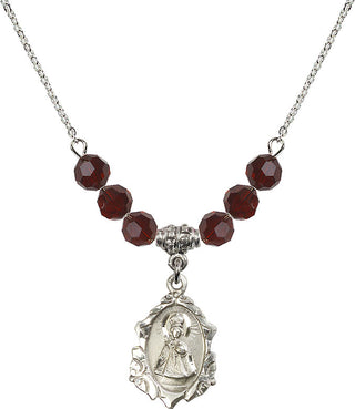 18" Rhodium Plated Necklace with 4mm Garnet Crystal Beads featuring a Sterling Silver Infant of Prague Medal. Engraved Catholic Saint Jewelry