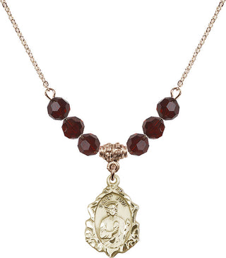 18" Hamilton Gold Plated Necklace with 4mm Garnet Crystal Beads featuring a 14kt Gold Filled Saint Jude Medal. Engraved Catholic Saint Jewelry