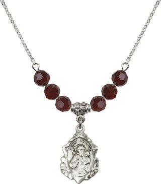 18" Rhodium Plated Necklace with 4mm Garnet Crystal Beads featuring a Sterling Silver Saint Joseph Medal. Engraved Catholic Saint Jewelry