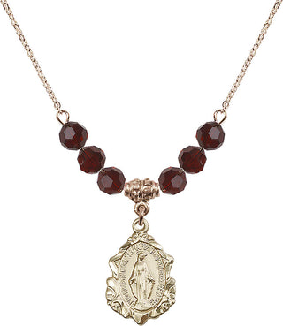 18" Hamilton Gold Plated Necklace with 4mm Garnet Crystal Beads featuring a 14kt Gold Filled Miraculous Medal. Engraved Catholic Saint Jewelry