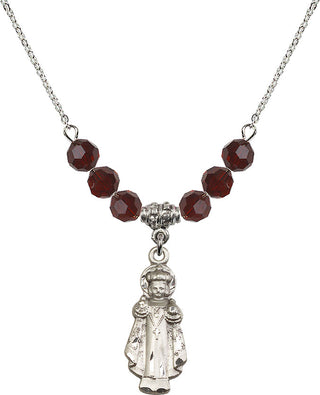 18" Rhodium Plated Necklace with 4mm Garnet Crystal Beads featuring a Sterling Silver Infant of Prague Medal.