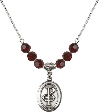 18" Rhodium Plated Necklace with 4mm Garnet Crystal Beads featuring a Sterling Silver Matrimony Medal.