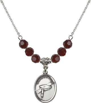 18" Rhodium Plated Necklace with 4mm Garnet Crystal Beads featuring a Sterling Silver Graduation Medal.