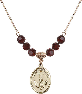 18" Hamilton Gold Plated Necklace with 4mm Garnet Crystal Beads featuring a 14kt Gold Filled Confirmation Medal.