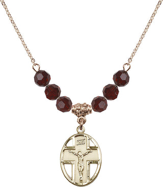 18" Hamilton Gold Plated Necklace with 4mm Garnet Crystal Beads featuring a 14kt Gold Filled Crucifix Medal.