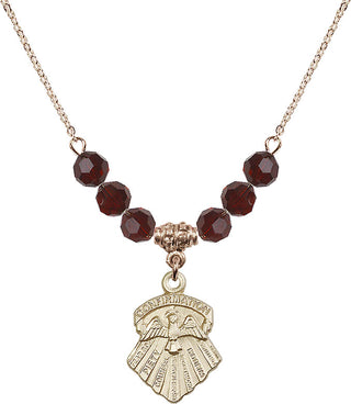 18" Hamilton Gold Plated Necklace with 4mm Garnet Crystal Beads featuring a 14kt Gold Filled Seven Gifts Medal.