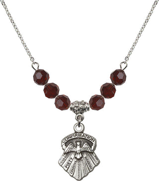 18" Rhodium Plated Necklace with 4mm Garnet Crystal Beads featuring a Sterling Silver Seven Gifts Medal.