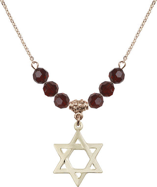 18" Hamilton Gold Plated Necklace with 4mm Garnet Crystal Beads featuring a 14kt Gold Filled Star of David Medal.