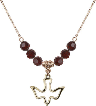 18" Hamilton Gold Plated Necklace with 4mm Garnet Crystal Beads featuring a 14kt Gold Filled Holy Spirit Medal.