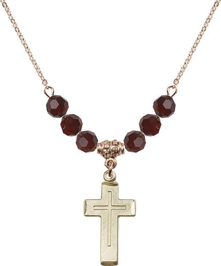 18" Hamilton Gold Plated Necklace with 4mm Garnet Crystal Beads featuring a 14kt Gold Filled Cross Medal.