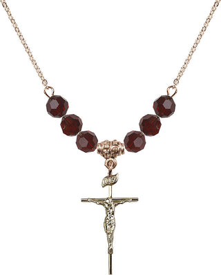 18" Hamilton Gold Plated Necklace with 4mm Garnet Crystal Beads featuring a 14kt Gold Filled Crucifix Medal.