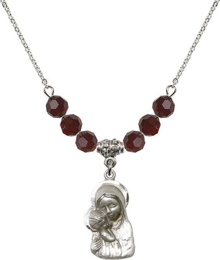 18" Rhodium Plated Necklace with 4mm Garnet Crystal Beads featuring a Sterling Silver Madonna & Child Medal.