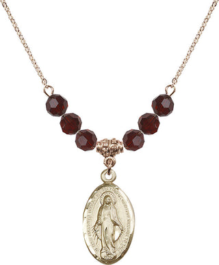 18" Hamilton Gold Plated Necklace with 4mm Garnet Crystal Beads featuring a 14kt Gold Filled Miraculous Medal.