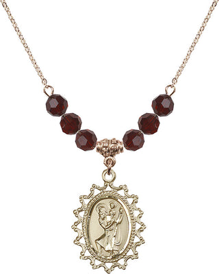 18" Hamilton Gold Plated Necklace with 4mm Garnet Crystal Beads featuring a 14kt Gold Filled Saint Christopher Medal.